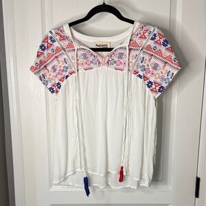 Savanna Jane White Blouse with Red and Blue Embroidery
